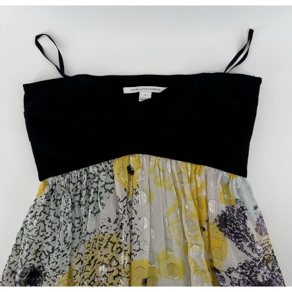 Diane Von Furstenberg Strapless Black Yellow Silk Midi Sundress Women's Size 6 - Picture 3 of 11